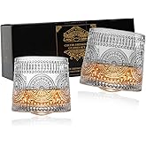 Whiskey Glasses set of 2, 9 Oz Crystal Rotating Whisky Tumblers, gift box for Bourbon & Scoth & Vodka, whiskey drinks etc