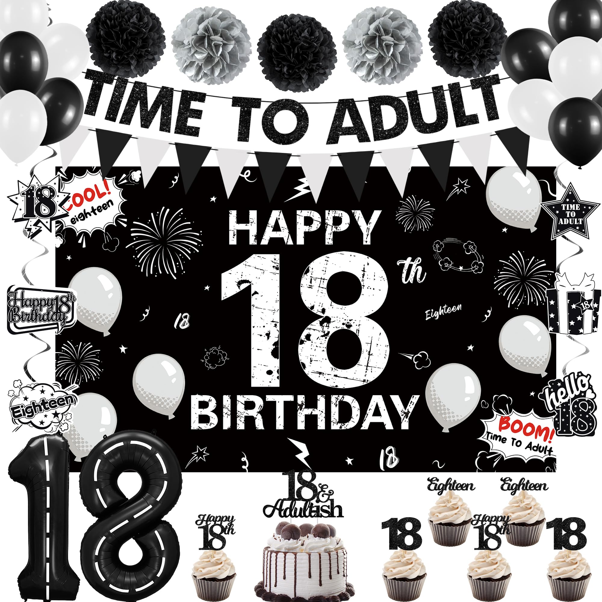 Photo 1 of Holkcog 18th Birthday Decorations for Girls Boys, Time To Adult 18 Years Old Party Banner Cake Topper, Happy 18th Birthday Gifts Glitter 18 Years Party Supplies Party, 18s sign