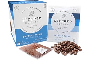 Steeped Coffee Tea Bags - Single Serve Coffee Pouches - Eco-Friendly, Hand Roasted & Freshly Ground - Brewed in Minutes, Just Add Water (Odyssey Blend Dark Roast)(8 Count, Pack of 1)