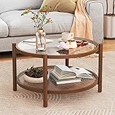 GIANTEX Rattan Coffee Table, Boho Round Glass Tea Table with PE Rattan Storage Shelf &amp; Wood Frame, 2 Tier Accent Center Table for Living Room, Apartment, Small Space