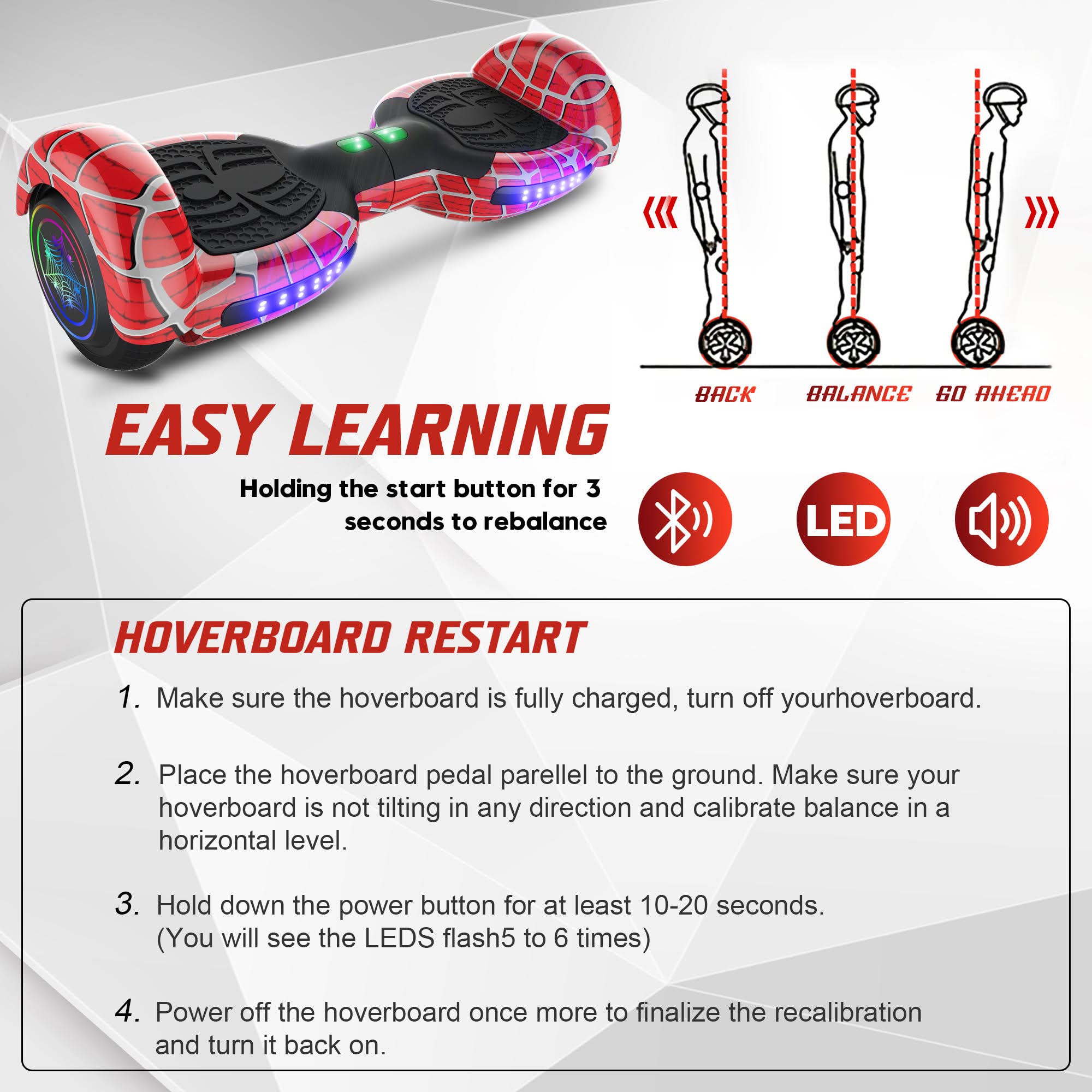 Spider-Pattern Hover Board for Kids Ages 6-12, with Bluetooth Speaker and LED Lights 6.5