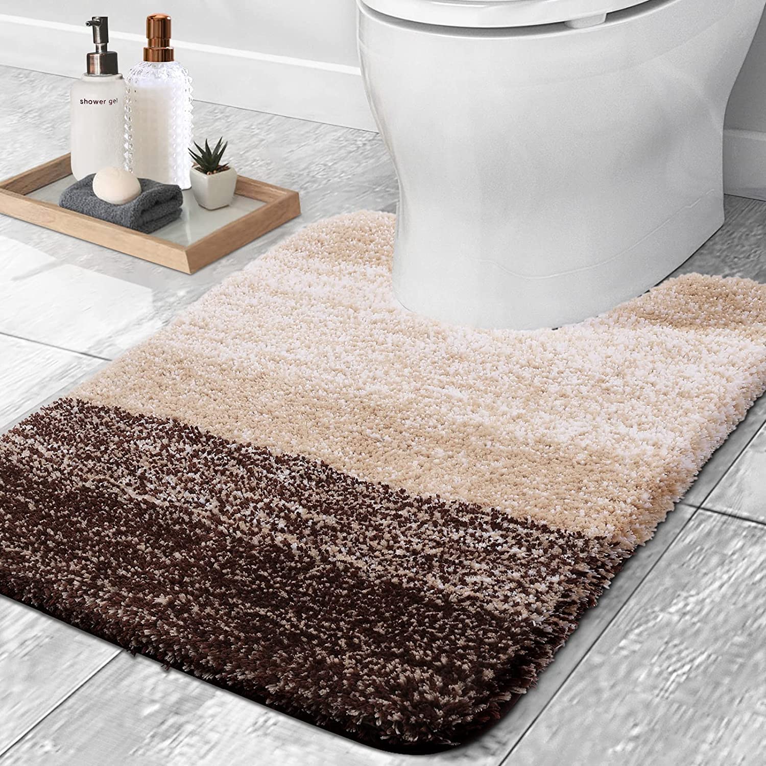 smiry Microfiber U-Shape Toilet Mat, Non-Slip Shaggy Soft Pedestal Mat for Bathroom, Water Absorbent bath mat, 50 x 60 cm, Brown