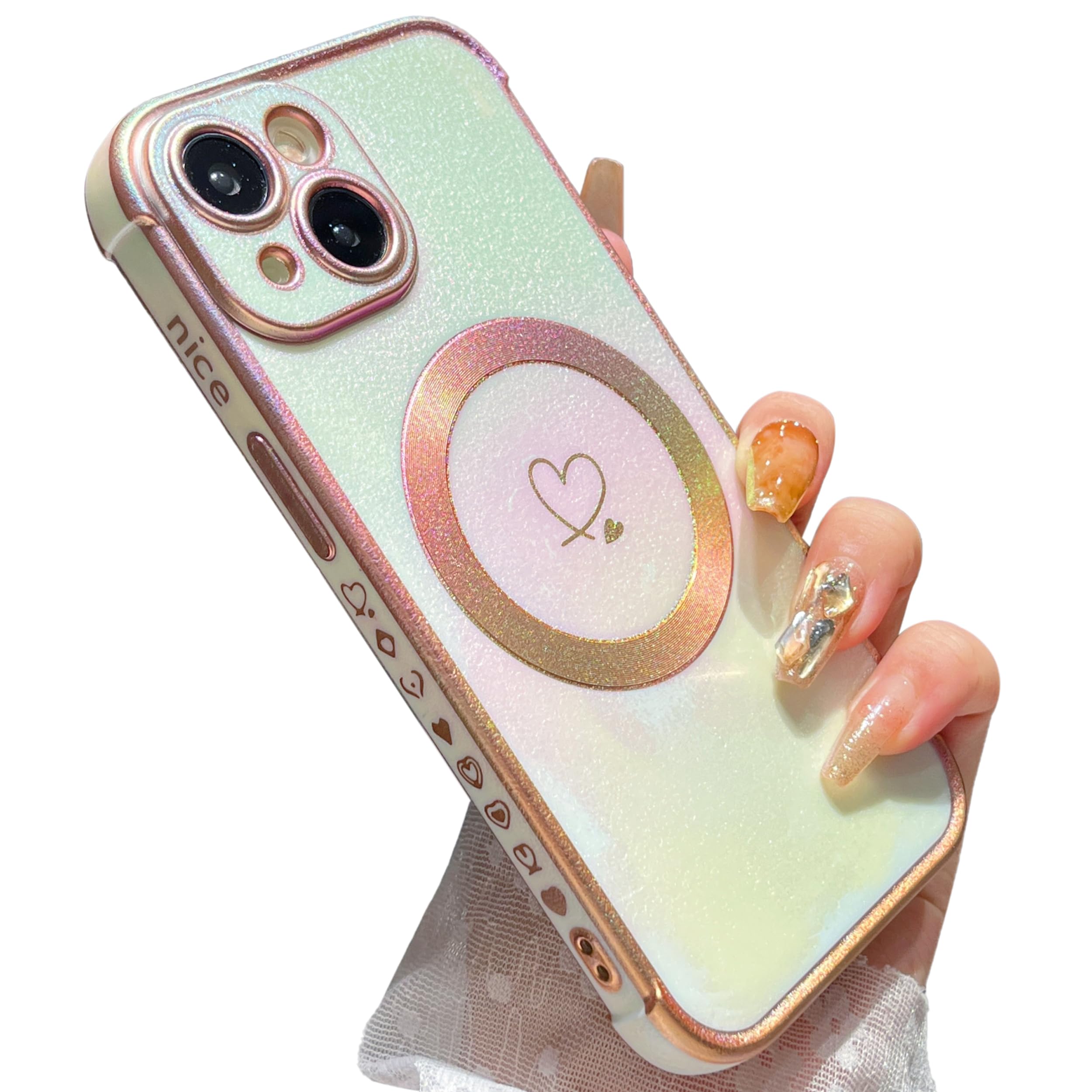 ZTOFERA Magnetic Case for iPhone 15 (6.1-Inch), [Compatible with MagSafe] Luxury Fluorescent Matte Silicone Case with Cute Love Heart Pattern Golden Rim Shockproof Cover, Iridescent White