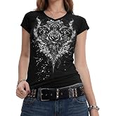 IWOLLENCE Teen Y2K Gothic Shirts Emo Scene Punk Grunge Tops | Womens Vintage Graphic Cap Sleeve V Neck Baby Tees, Downtown Girl 2000s Alternative Coquette Alt Mcbling Clothes, Slim