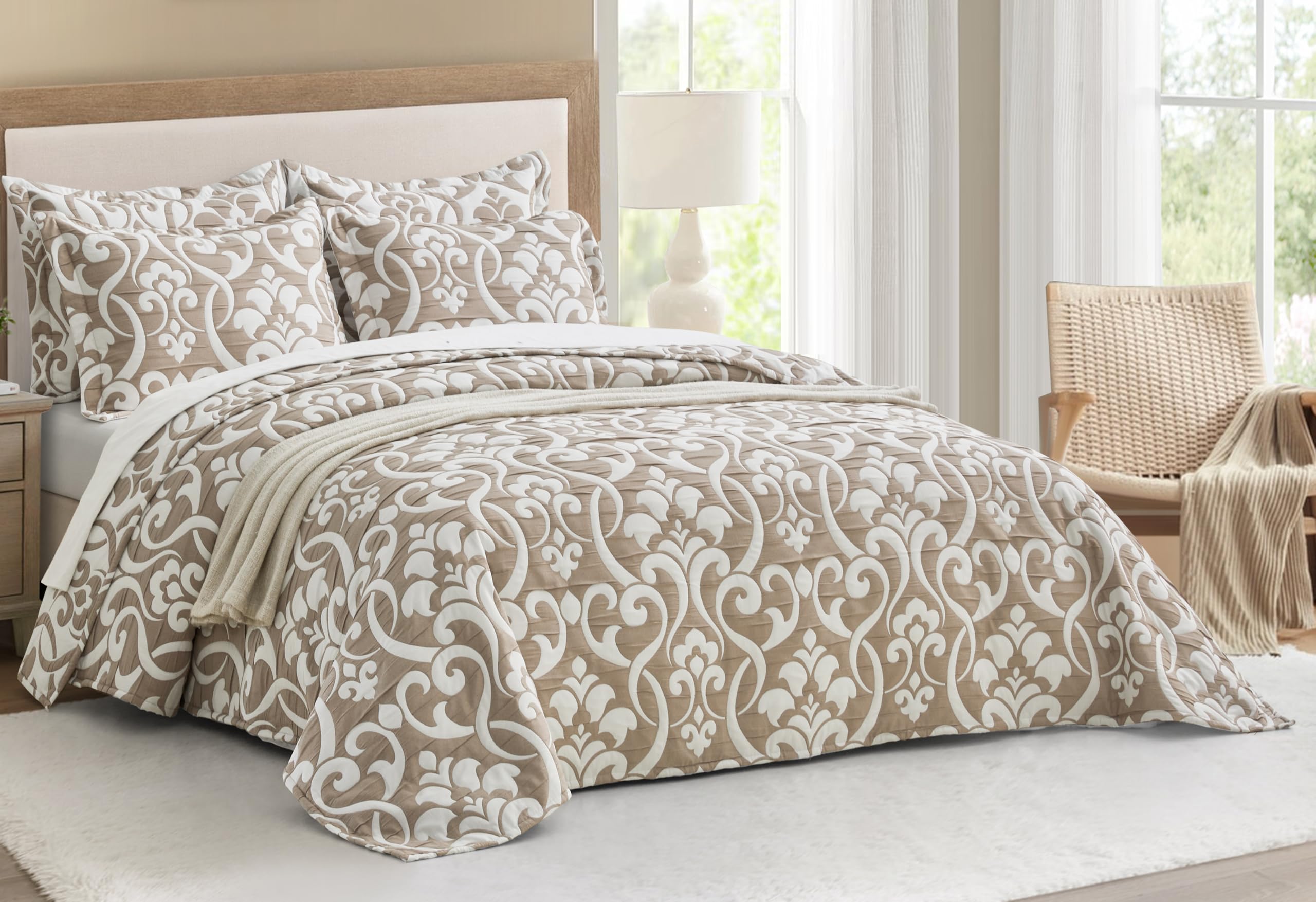 Photo 1 of Chezmoi Collection Oversized Bedspread 128x106, Jacquard Matelasse Floral Damask Design, 5-Piece Lightweight Reversible Microfiber Bedding Coverlet Set for All Season, Oversized King, Taupe/White