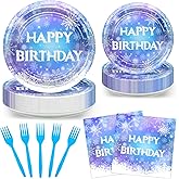 Avezano 96 pcs Winter Wonderland Birthday Party Decorations Snowflake Birthday Party Plates and Napkins Christmas Tableware Disposable Serves 24