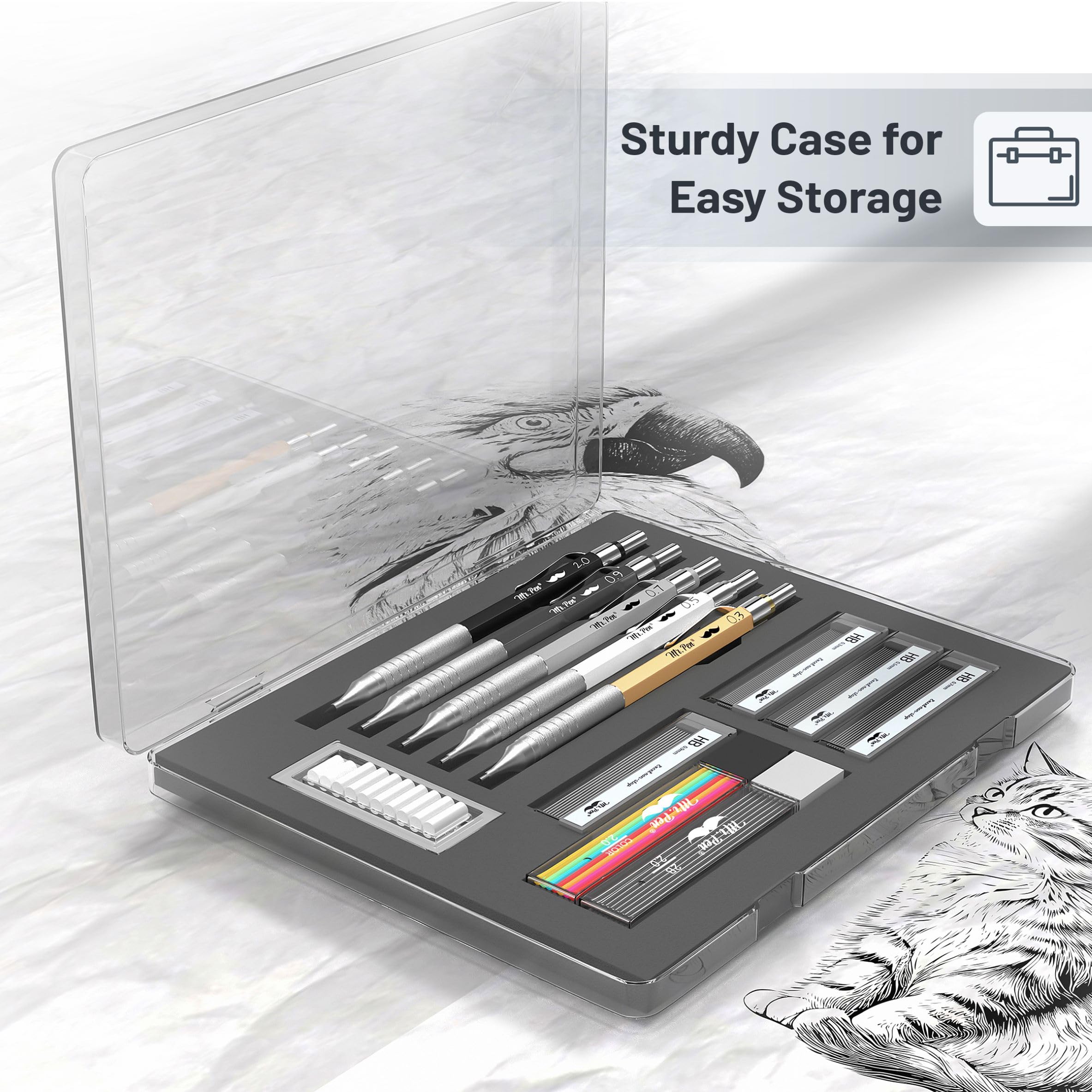 Mr. Pen Metal Mechanical Pencil Set with Leads and Eraser Refills, 5 Sizes - 0.3, 0.5, 0.7, 0.9 and 2 Millimeters, Sketching/ Drafting Pencil