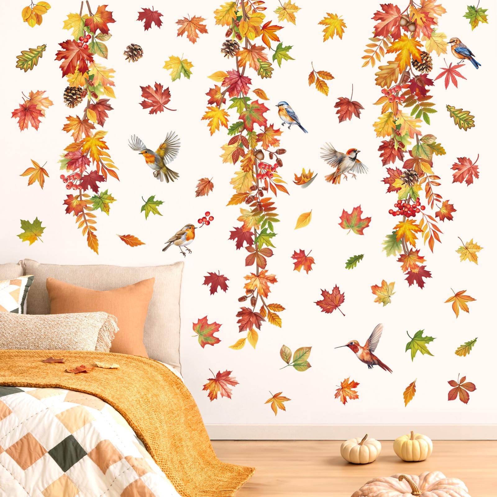 decalmile Autumn Maple Leaves Wall Decals Fall Hanging Vine Birds Wall Stickers Bedroom Living Room Sofa TV Background Wall Decor