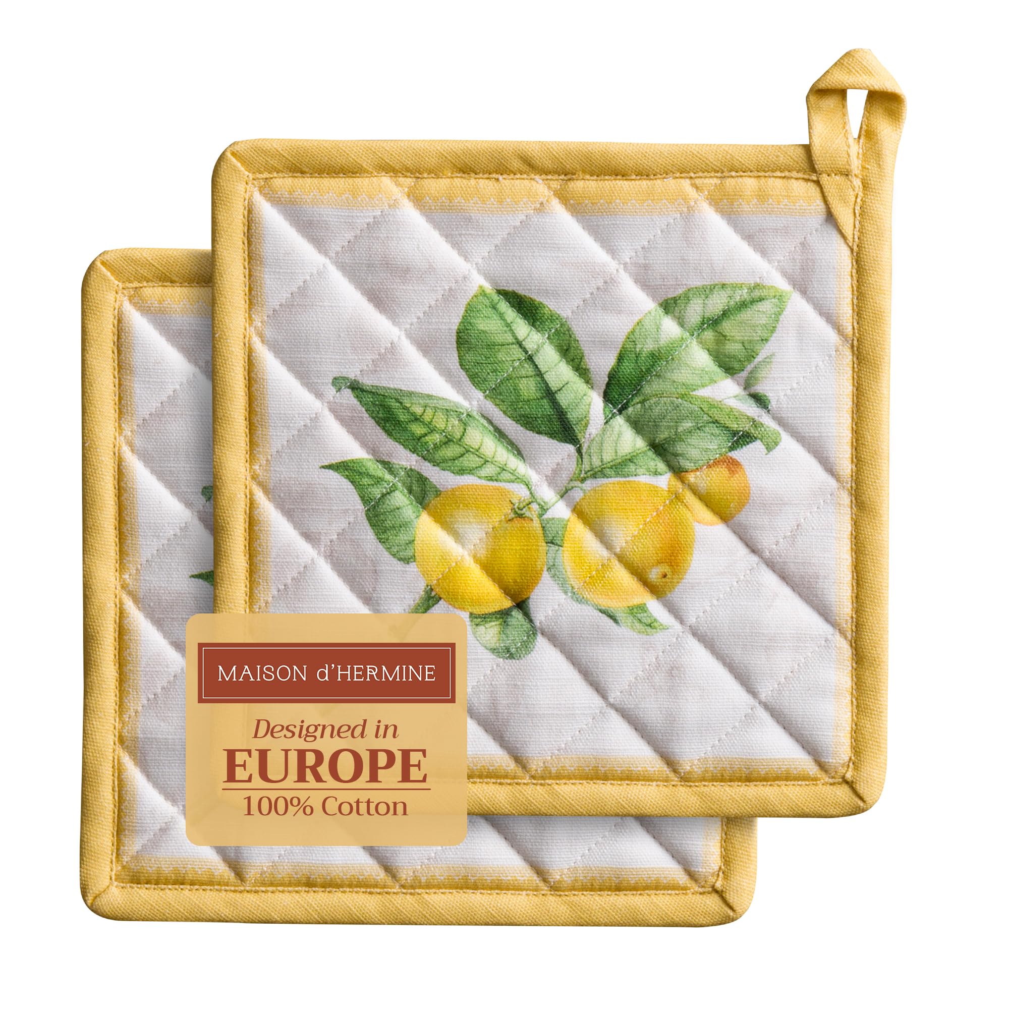 Maison d' Hermine Pot Holders Set 100% Cotton Heat Resistant Potholders 20 cm x 20 cm Hot Pads with Loop for BBQ Cooking Baking Handling Hot Pans Gifts for Mothers Day (Pack of 2, Limoncello)