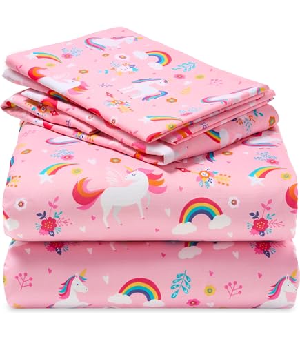 Linen Plus Kinder-Bettwäsche-Set – Einhorn, Vogel, Stern Design In Lila, Pink, Gelb