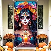 Vohado Mexican Day of The Dead Door Decor Dia De Los Muertos Decorations Halloween Colorful Flowers Sugar Skull Front Porch Banner