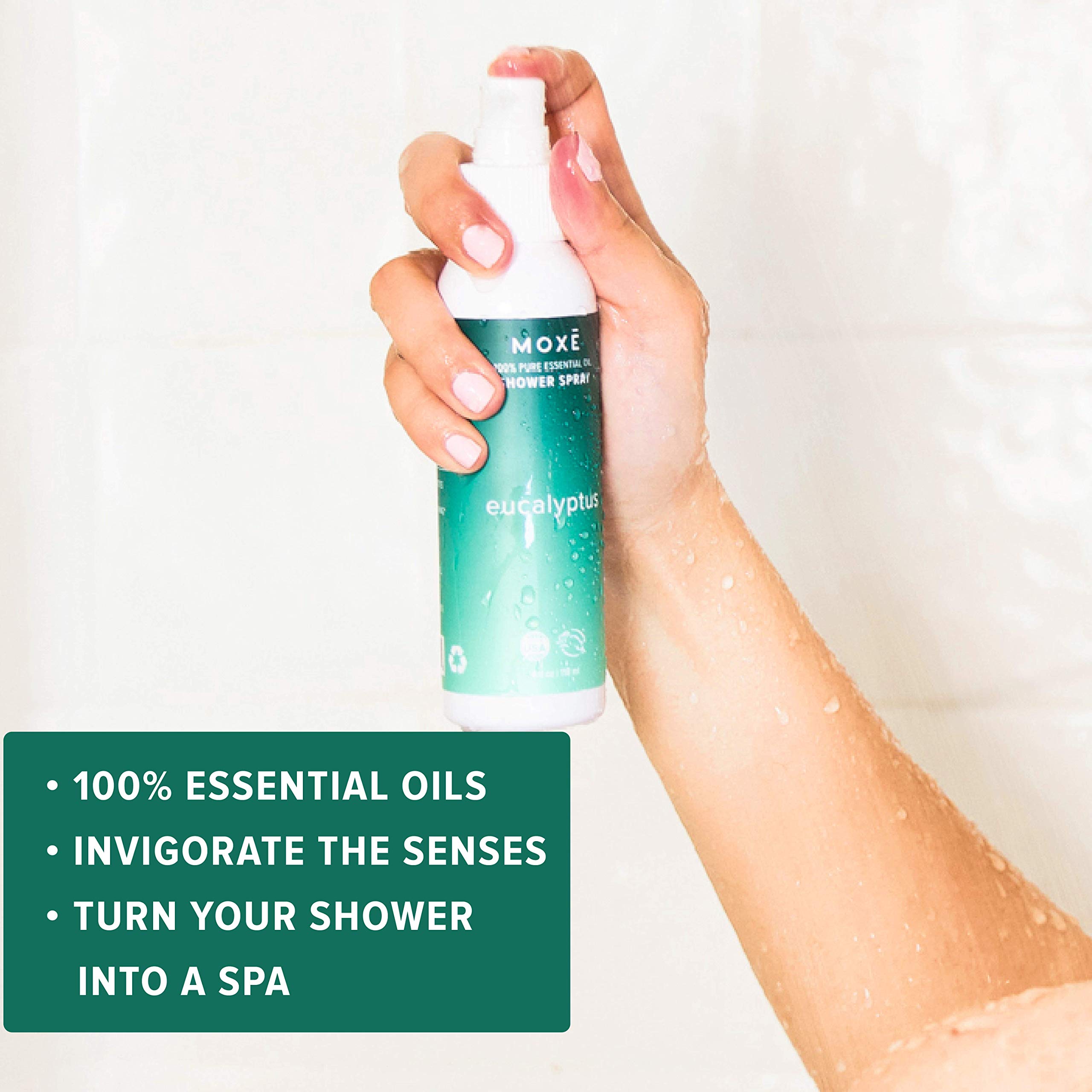 MOXĒ Eucalyptus Oil Shower Mist, Spa Steam Spray, Certified Natural 100% Essential Oils, Made in USA, Aromatherapy, Sinus Congestion Relief, Tension Relief, 4 Ounces