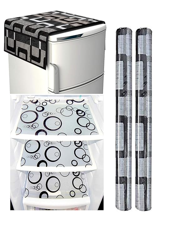 Factcore Combo of Refrigerator Cover (Black Box), 2 Handle Cover (B&W) and 3 Fridge