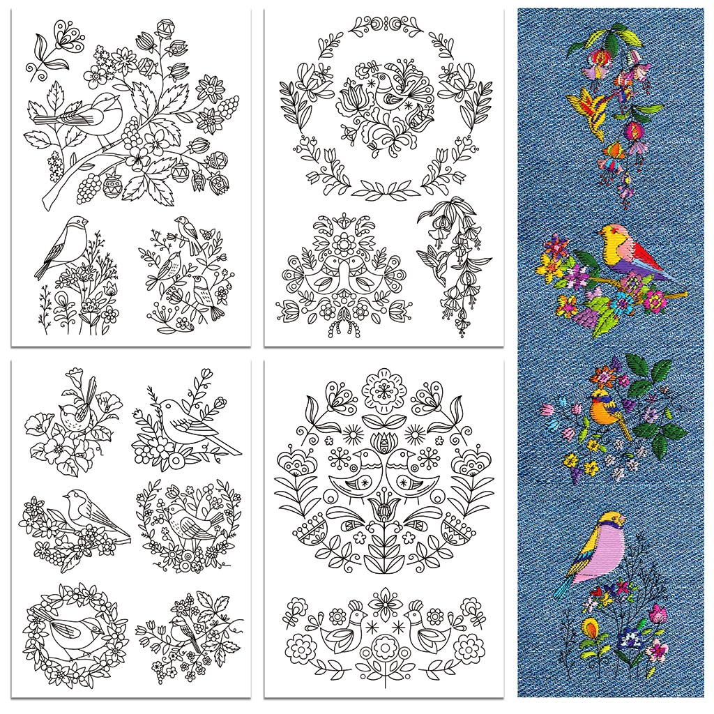 peacoblue Water Soluble Embroidery Patterns for Beginners 4 Sheets Bird and Flower with 14pcs Patterns, Wash Away Stick and Stitch Dissolvable Embroidery Paper for Hand Sewing Lovers Women Adult โ image 1