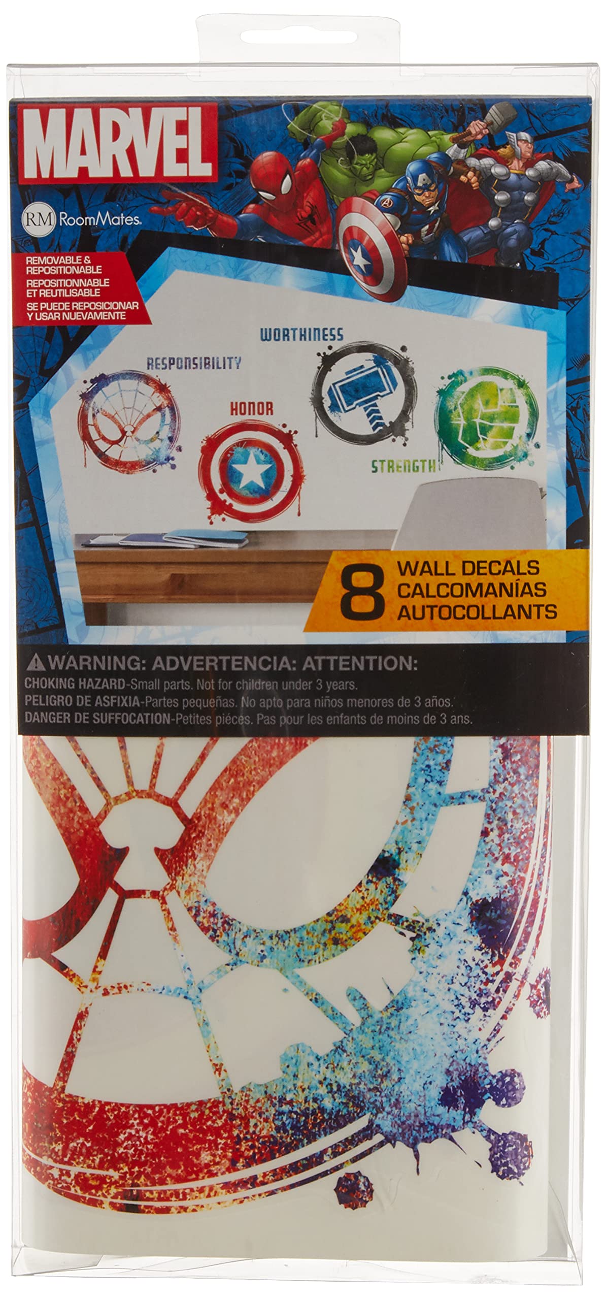 RoomMates RMK3583SCS Marvel Icons Peel and Stick Wall Decals, Multicolor ,Red, Green, Blue,8.89 cm x 3.175 cm by 20.32 cm x 20.32 cm