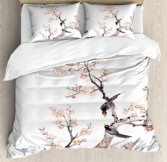 LnimioAOX Duvet Cover Art, Traditional Chinese Painting Flowers Bird