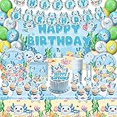 114Pcs Blue Axolotl Birthday Party Supplies Include Banner-Backdrop-Balloons-Cake Topper-Cupcake Toppers-Tableware-Plates-Napkins-Cups-Cutlery-Tablecloth for Blue Axolotl Party Decorations