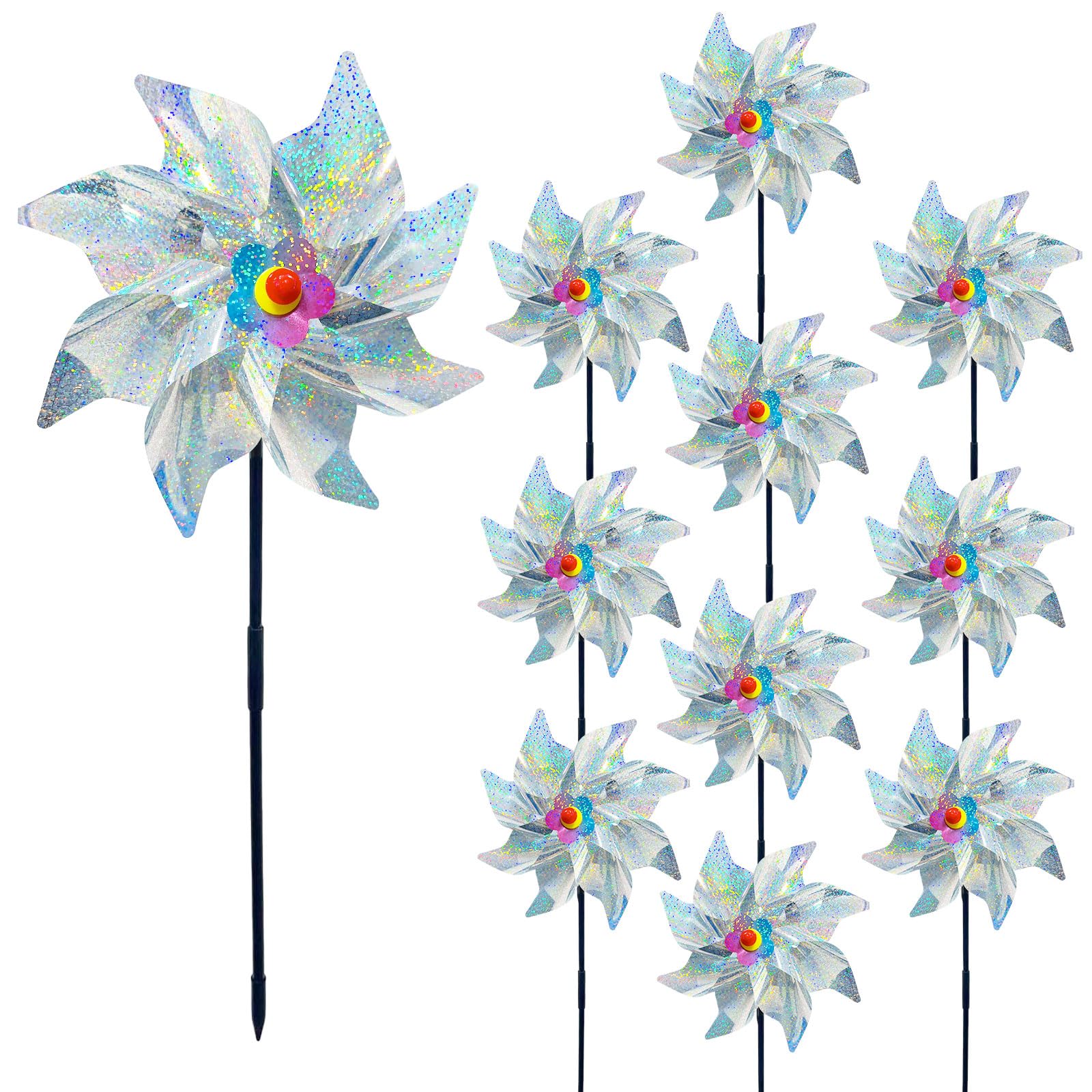 Photo 1 of 10 Pieces 21 Inches Silver Reflective Pinwheels with Stakes, Windmill Wind Spinners for Outdoor Garden Lawn Yard Decor, Christmas Decoration, Large Foil Pin Wheels for Bird and Animal Deterrent