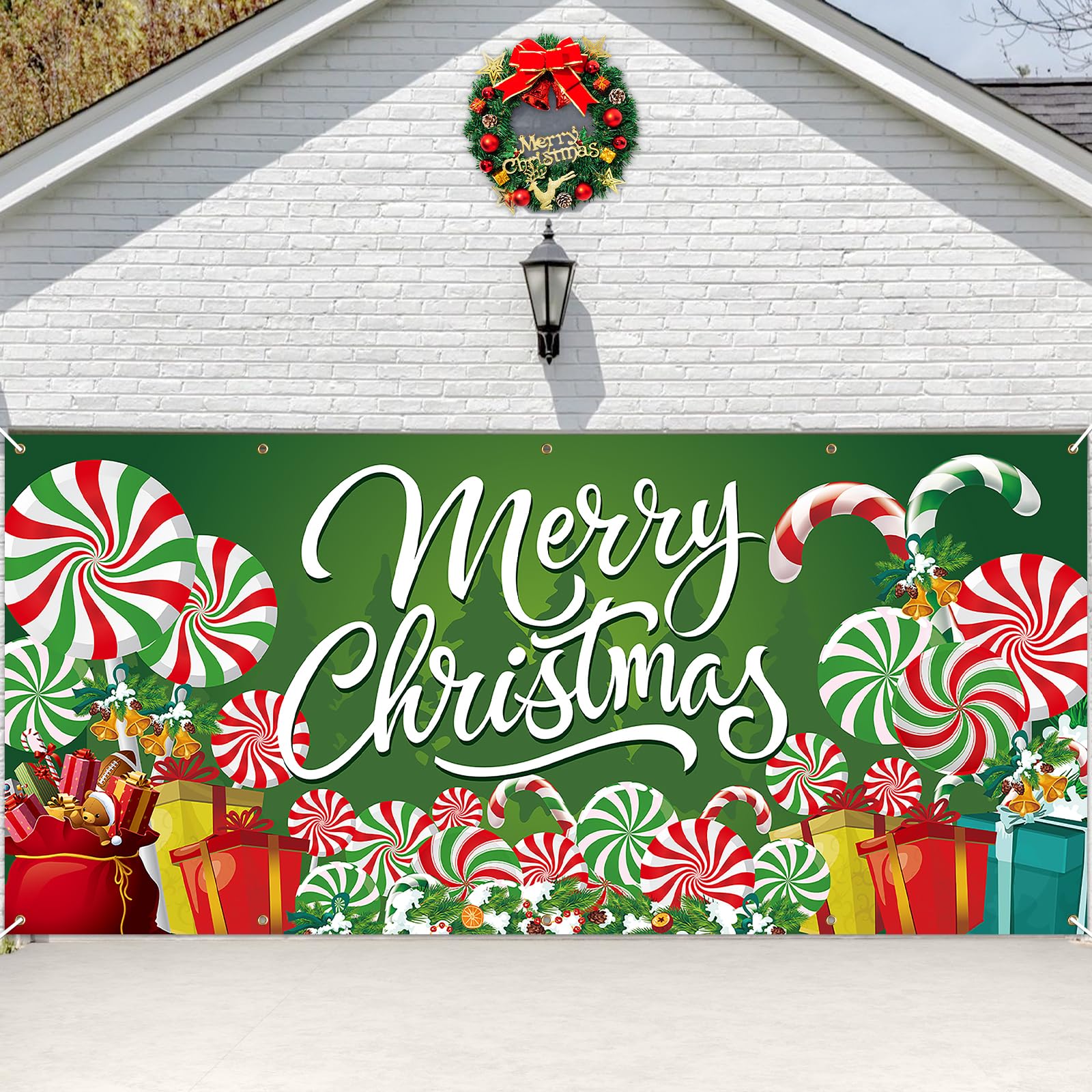 Photo 1 of 13 x 6 FT Christmas Garage Door Cover Banner Backdrop Decorations - Extra Large Candy Cane Gift Box Printed Hanging Door Background for Indoor Outdoor House Patio Lawn Outside Décor Party Supplies