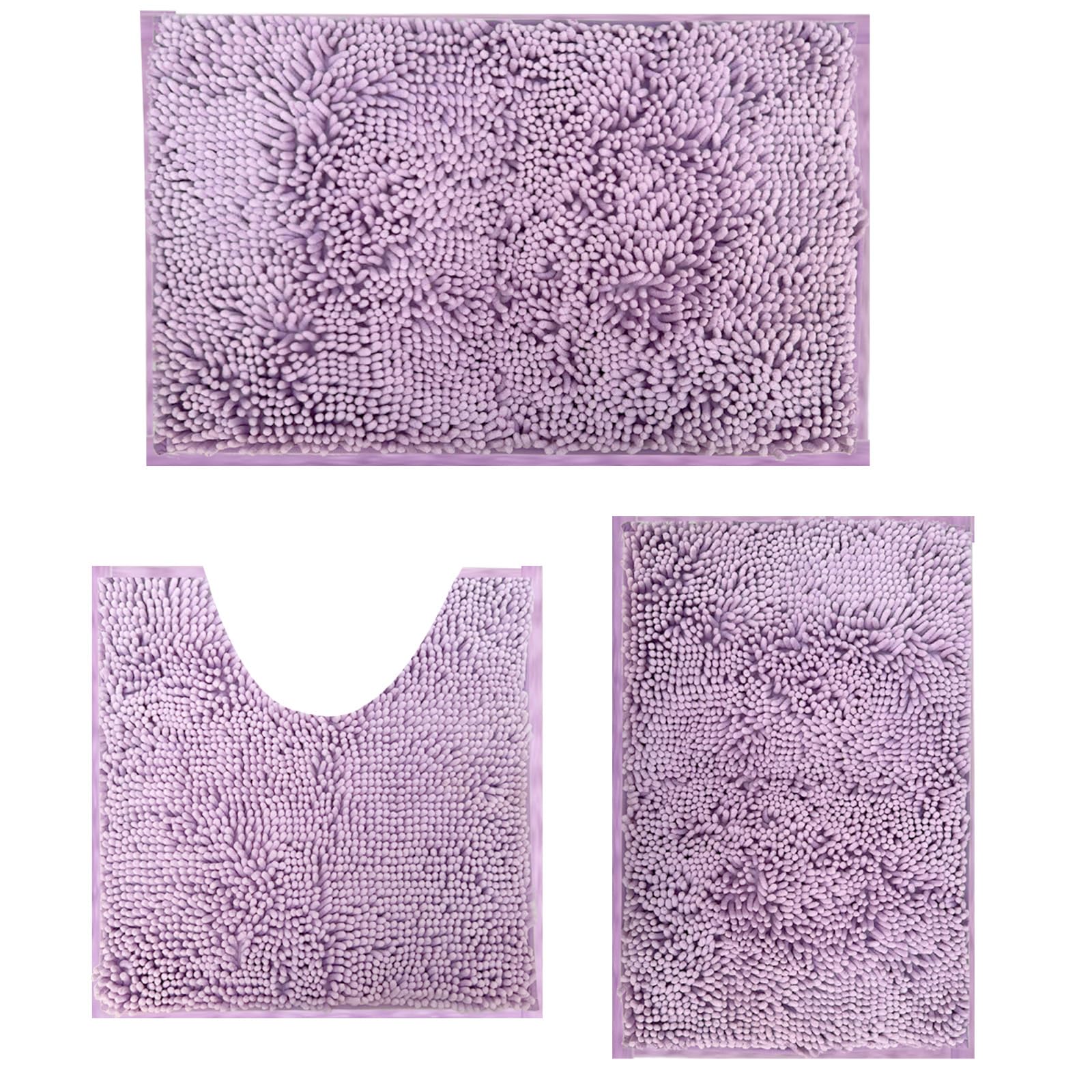 RUN HELIX Ultra Soft Chenille Bath Mat Non Slip, Bath Mat Set 3 Piece, Shaggy Bathroom Mats, Absorbent Bath Mats for Bathroom, Fluffy Bathrooms Mat Set with U-Shaped Toilet Rug (Light Purple)