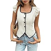 WDIRARA Women's Button Down Shirt Ruffle Cap Sleeve Square Neck Blouse Asymmetrical Going Out Tops