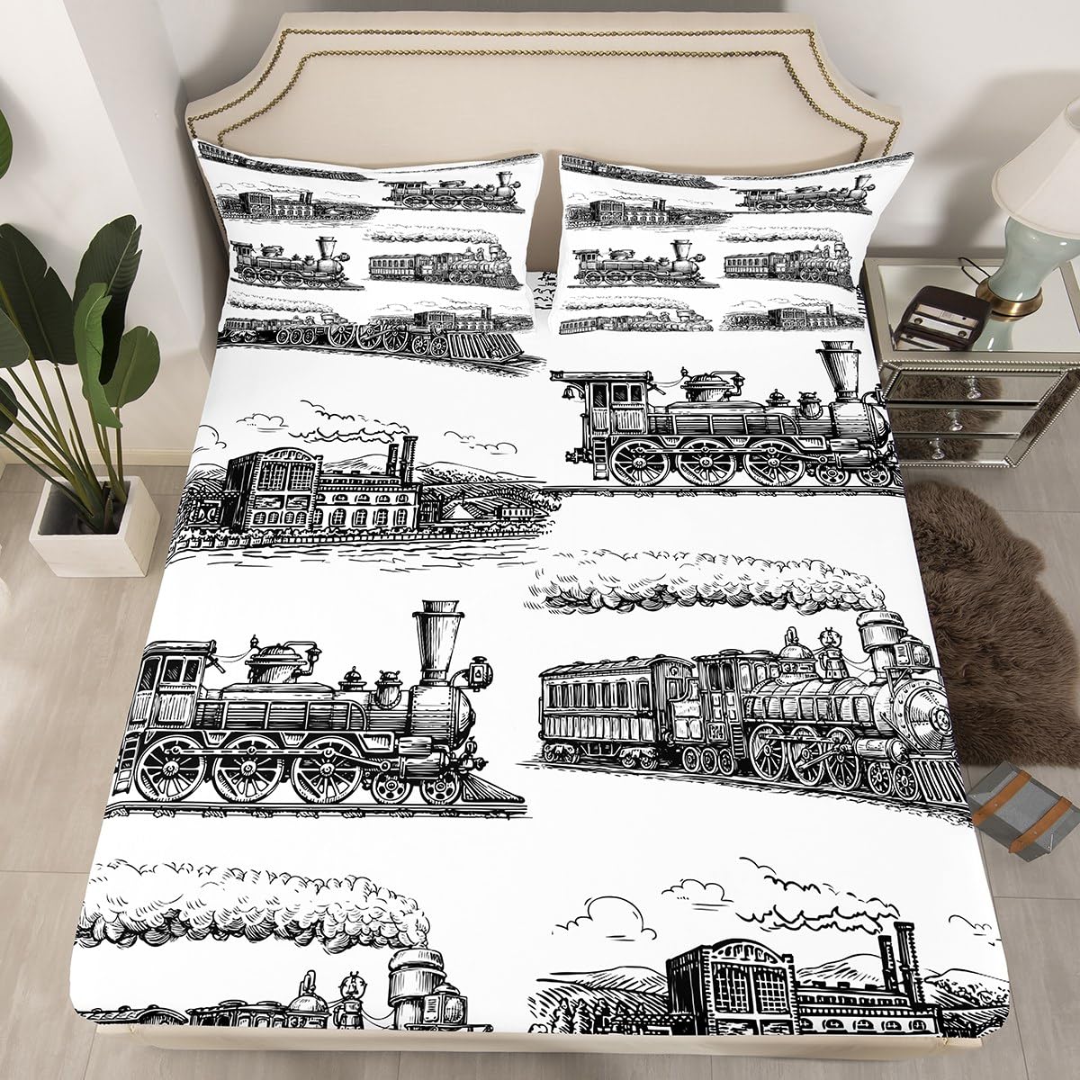 Train Fitted Sheet Double Size, Retro Steam Locomotive Train Bed Cover with 2 Pillowcases, Vintage Train Bedding Set 3pcs for Kids Boys Adults Room Decor, Soft Polyester Bedding