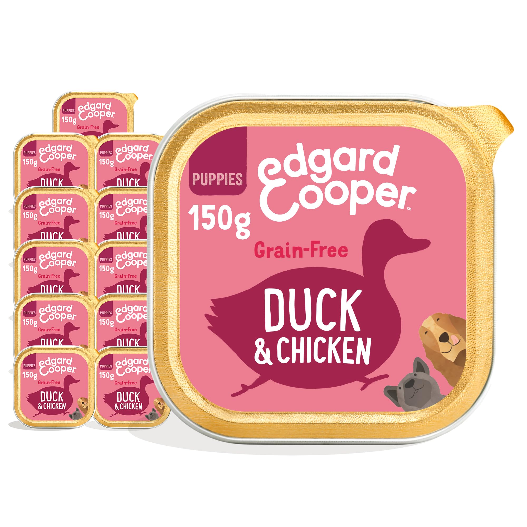 Edgard Cooper Puppy Grain-Free Wet Dog Food, Duck Chicken 11 x 150g, Natural Dogs Food in Cup with Fresh Meat Amino Acids, Gluten-Free, High Protein