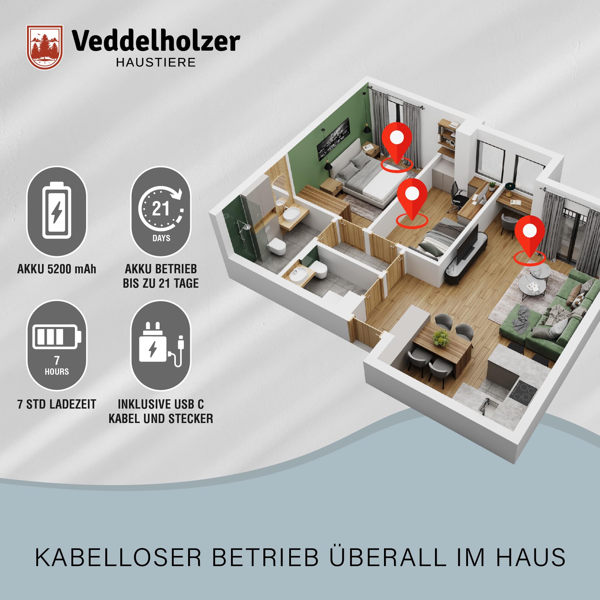 Veddelholzer 2,8 Liter Premium Katzenbrunnen kabellos mit Bewegungsmelder und 4 Fach Filter extrem leise 5200 mAh Akku inkl USB-C Kabel und Stecker Trinkbrunnen für Katzen & Hunde 2