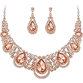 BriLove Women's Costume Fashion Crystal Teardrop Hollow Scroll Statement Necklace Dangle Earrings Set