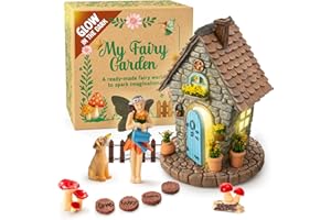 ALOVAK My Fairy Garden Kit – 11-Piece Fairy House Set - 7.1" High Fairy House for Outside with Open Door & Solar Light, Fairy & Dog Figurines, Mushrooms & Miniature Accessories – Outdoor Decor Gift