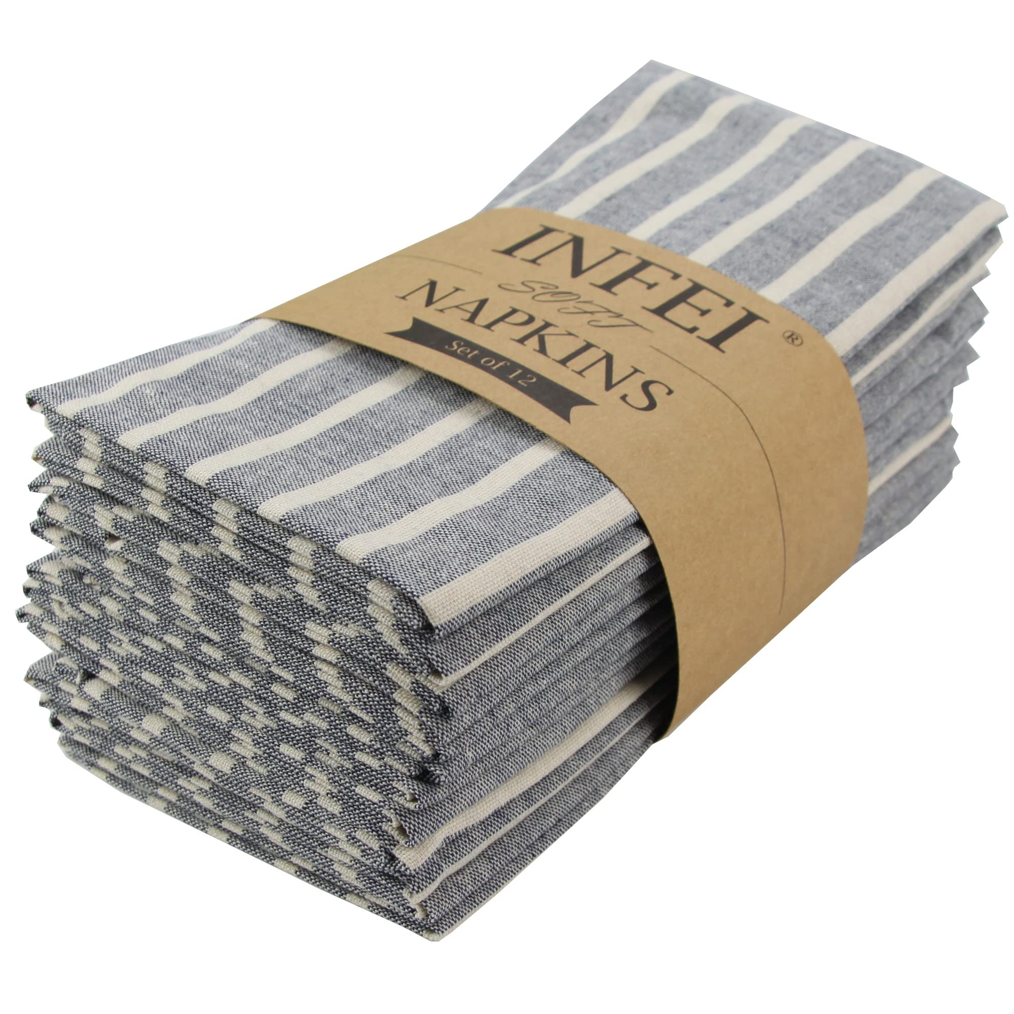 INFEI Broad Striped Cotton Blended Dinner Cloth Napkins - Set of 12 (17 x 17 inches) - for Events & Home Use (Navy)