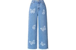 Floerns Girls High Waisted Straight Leg Jeans Denim Long Pants with Pocket