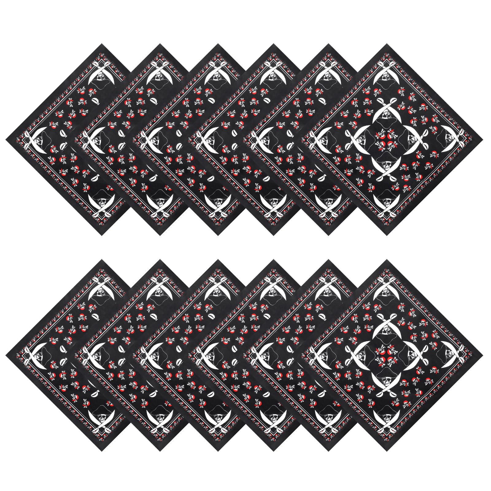 BEIMEIII 12 Pieces Pirate Headscarf Bandana Handkerchief Pirate Bandana for Pirate Theme Party Halloween and Children's Party Favours, black and red, 1