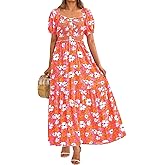 PRETTYGARDEN Womens Summer Dresses 2025 Casual Boho Floral Puff Short Sleeve Flowy Maxi Dress Smocked V Neck Sun Dresses