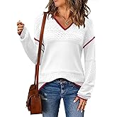 Zeagoo Womens 2026 Fall Sweaters Casual Long Sleeve Ribbed Knit Pullover V Neck Lightweight Crochet Pullover Sweater Top
