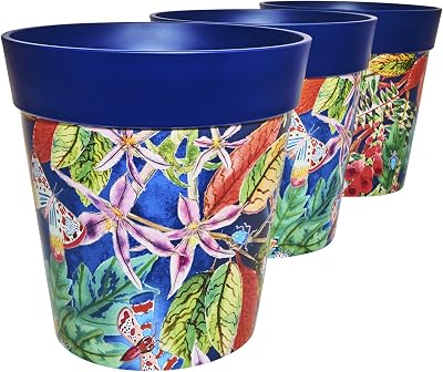 Hum Flowerpots 22cm Set of 3 Indoor Outdoor Plastic Plant Pots Blue Leaves