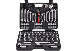 MECHMAX 161-Piece Master Mechanics Tool Set & 1/4", 3/8", 1/2" Drive Socket Kit. Professional Auto Repair Set with Ratcheting Bit Driver, Spark Plug Sockets, Wrenches & Hex Keys for Car, Truck, RV.