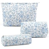 Gocvo 3 Pcs Makeup Bag Cosmetic Bag Set for Girls Women Checkered Travel Organizer Bathroom Toiletry Pouch Large Capacity Storage Bag(Blue Flower)