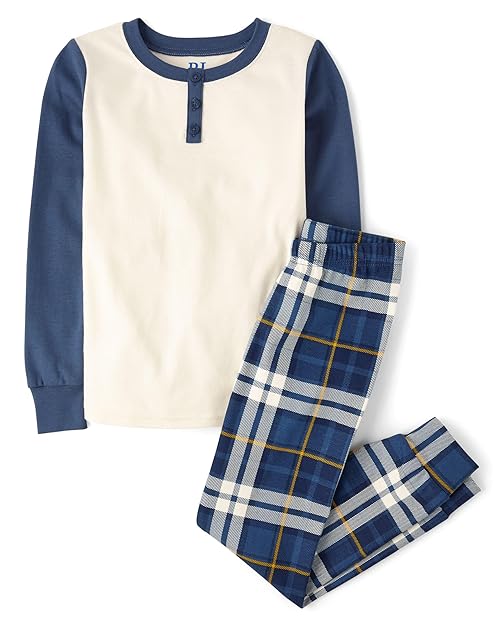 The Children's Place,Boys,100% Cotton Long Sleeve Top and Pants, 2 Piece Pajama Set,Tidal Plaid,16