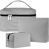 Huhumy 3 Pieces Makeup Bag Set for Women Cute Seersucker Cosmetic Pouch Travel Toiletry Bag Preppy Small Makeup Purse Pouch Aesthetic Skincare Brushes Storage Organizer for Women(Black)