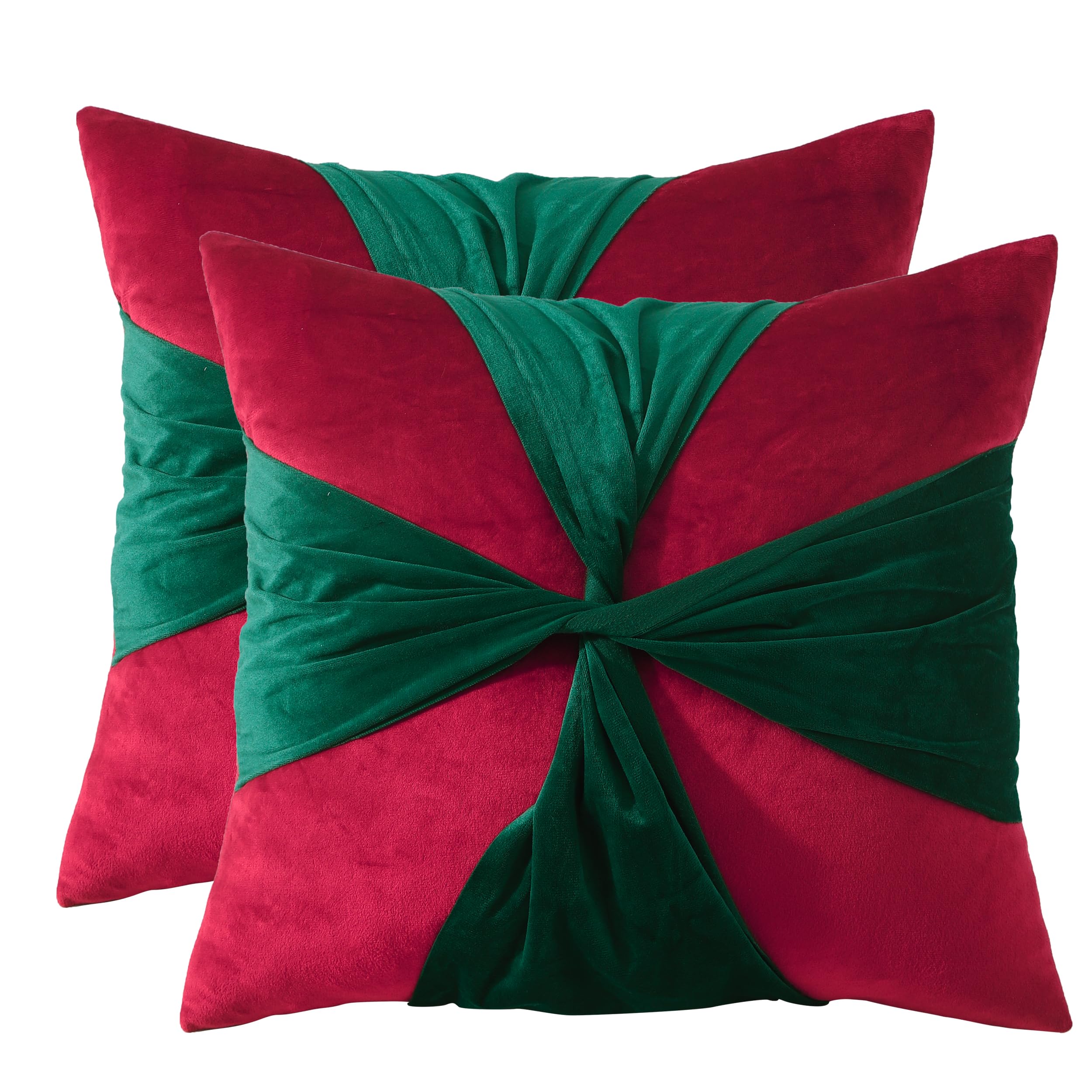 Tosleo Christmas Throw Pillow Cover 18 x 18 inch Set of 2 Red with Green Belt Velvet Pillow case Christmas Party Decorations Pillowcase Winter Holiday Cushion Case