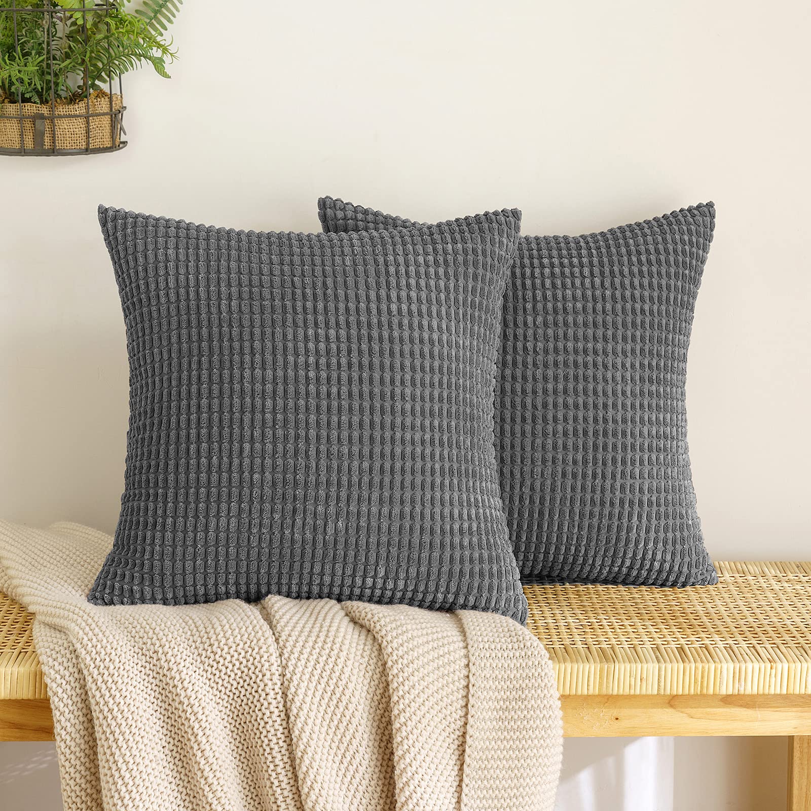 EMEMA Corduroy Granule Throw Pillow Covers Decorative Cushion Covers Square Soft Pellets Solid Pillowcase for Sofa Bedroom 20x20 Inch 2 Pieces Grey