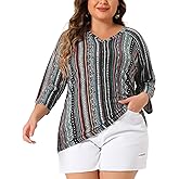 Agnes Orinda Plus Size Tops for Women V Neck 3/4 Sleeve Knit Blouse Tee Shirt Stripe Boho Tops