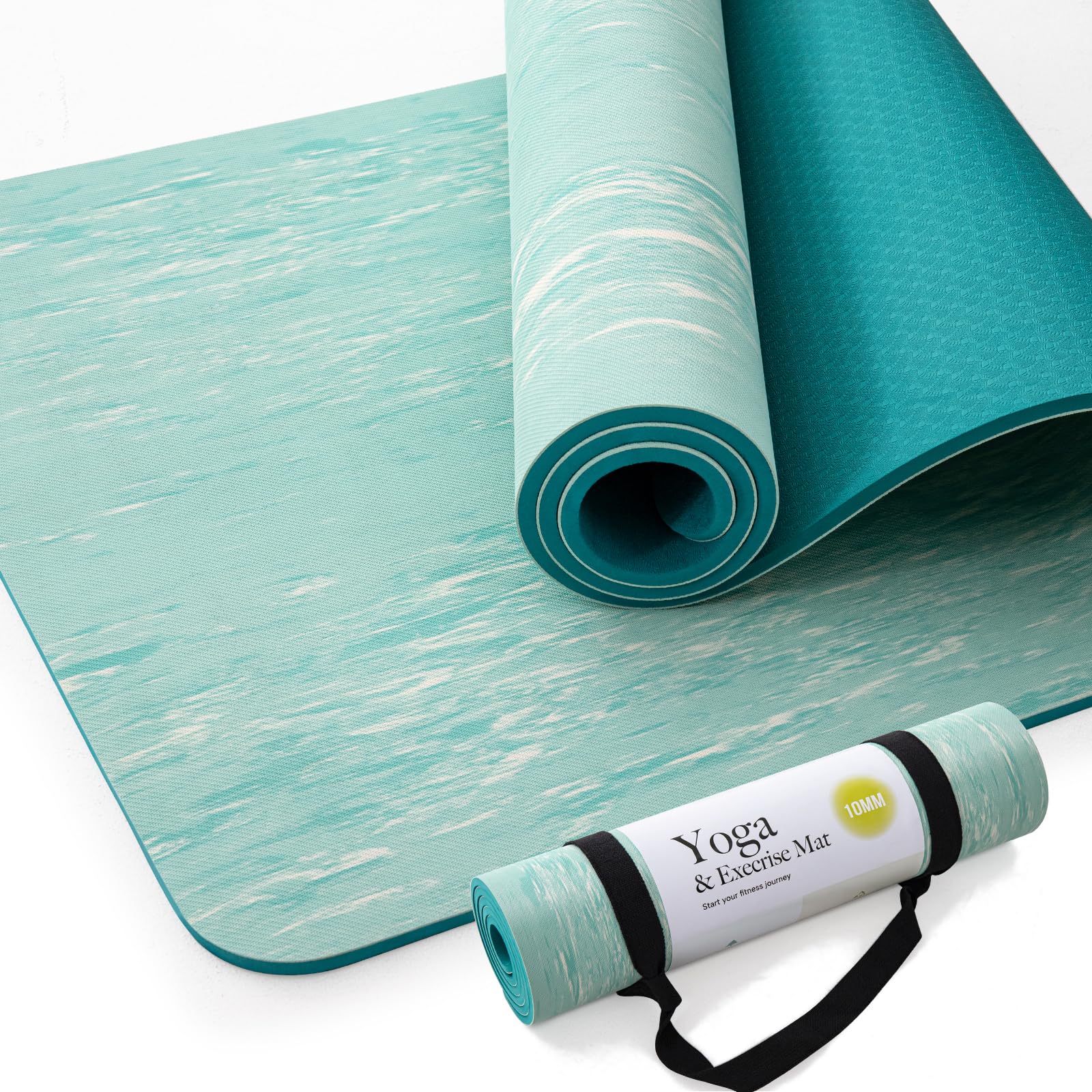 Marjar Extra Thick Yoga Mat, 2/5 Inch (10MM), Rubber and TPE Non Slip Yoga Mats with Strap for Women Men, Exercise Mat for Yoga, Pilates and Home Workout，Teal