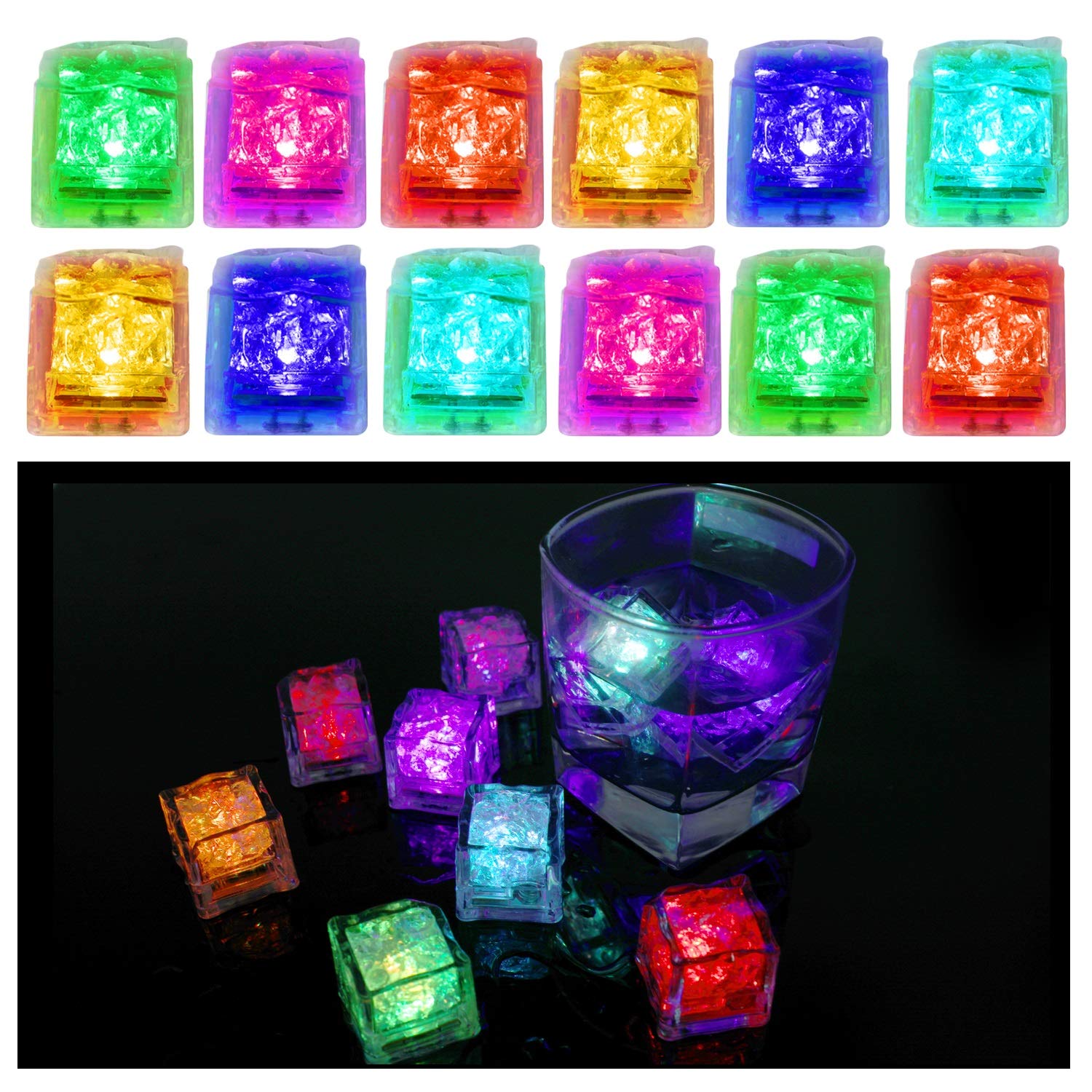 12 Pcs Party Decorative LED Ice Cubes Light, Multi-Color Flashing Submersible Glow Lights Light-up Ice Cubes for Liquid Sensor Water Activated Reusable Glowing, Perfect for Party Wedding Decoration