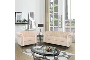 RARZOE Chesterfield Loveseat Sofa Set, Beige, Foam, 1+2 Seater, 67"Wx32"Dx27"H