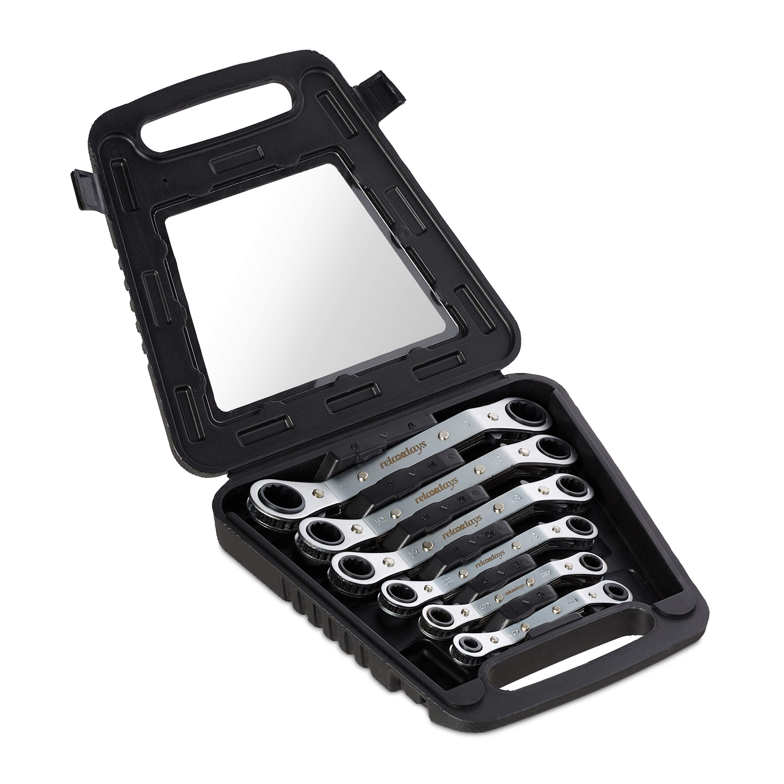 Relaxdays Spanner Set, 6X Pieces, Ring Rachet, 6-15, 17 & 19 mm, in Travel Case, Steel, Home DIY, Reversible, Silver