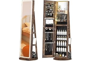 TJYGO Mirror Jewelry Cabinet Standing, Jewelry Armoire with Full-Length LED Mirror and Adjustable Lights, 360° Swivel Jewelry Organizer Storage, Rustic Brown