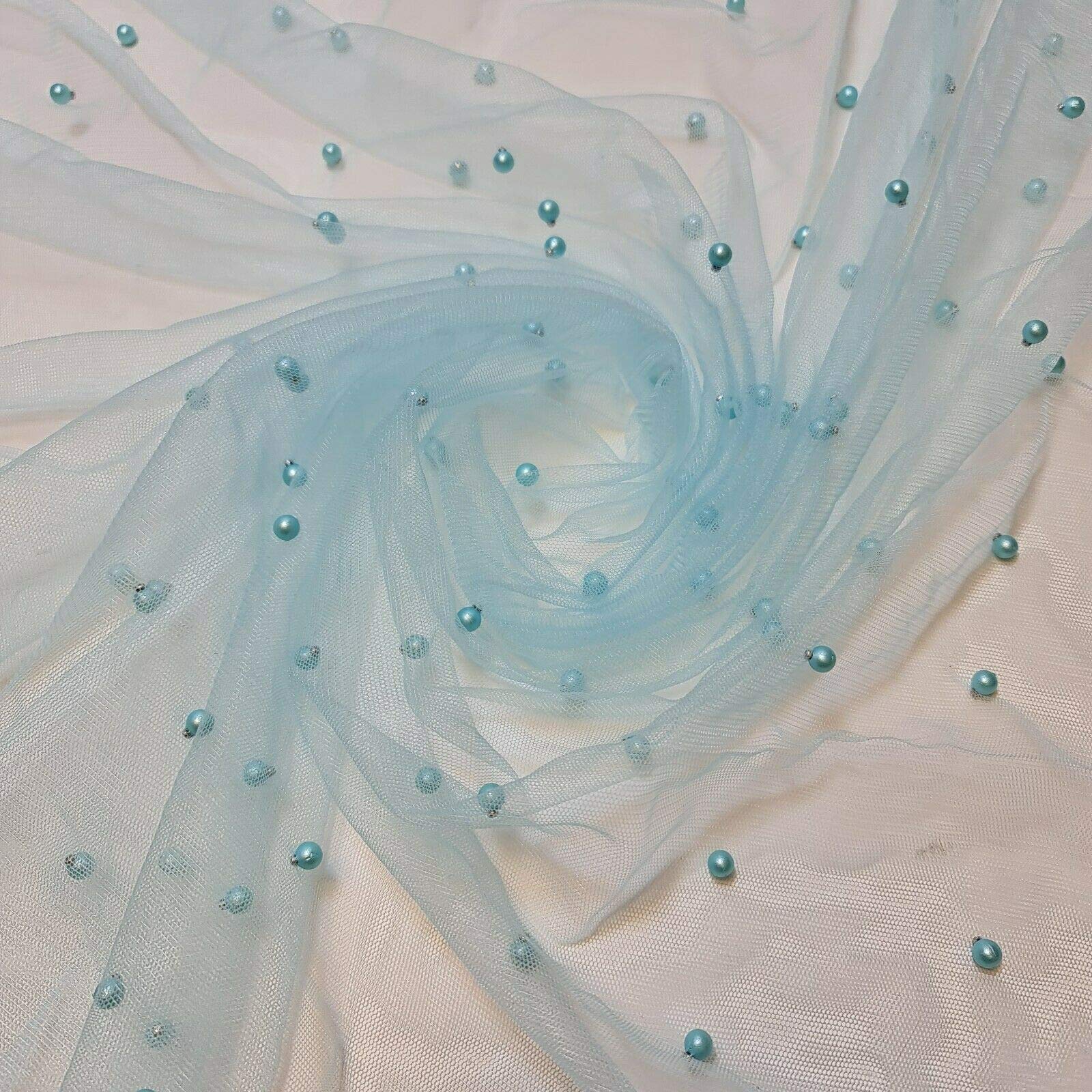 Textile Station 58" Wide Tulle Beaded Pearl Lace Net Fabric Bridal Veil Wedding Backdrop Décor Available in 25 Colours (Light Turquoise, 1 Meter)