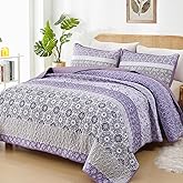 WONGS BEDDING Boho Quilt Set Queen Size,Lavender Purple Bohemian Striped Patchwork Bedspread Set,3 Pieces Microfiber Bedding Set for All Seasons (96"x90")